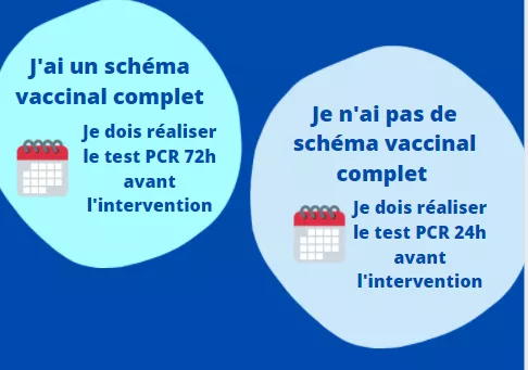 J'ai un schéma vaccinal complet, le test doit être fait 72h avant l'intervention; Je n'ai pas de schéma vaccinal complet, je dois réaliser un test PCR 24h avant l'intervention